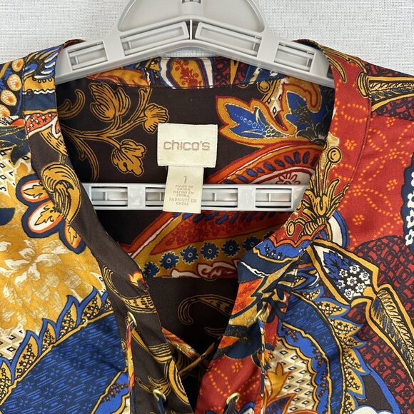 CHICO'S WOMEN'S PAISLEY PRINT ASYMMETRICAL LACE-UP TUNIC BLOUSE MULTICOLOR 1/M 8 - Picture 2 of 10